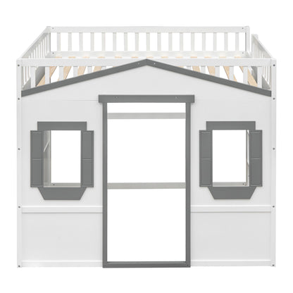 Full Size House Loft Bed With Ladder - White / Gray