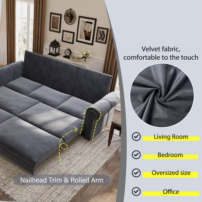King Pull Out Sofa Bed, Chesterfield Sofa, 3 In 1 Velvet Convertible Sleeper Sofa With Nailhead Trim & Rolled Arm Multifunctional Sofa Bed For Living Room - Gray