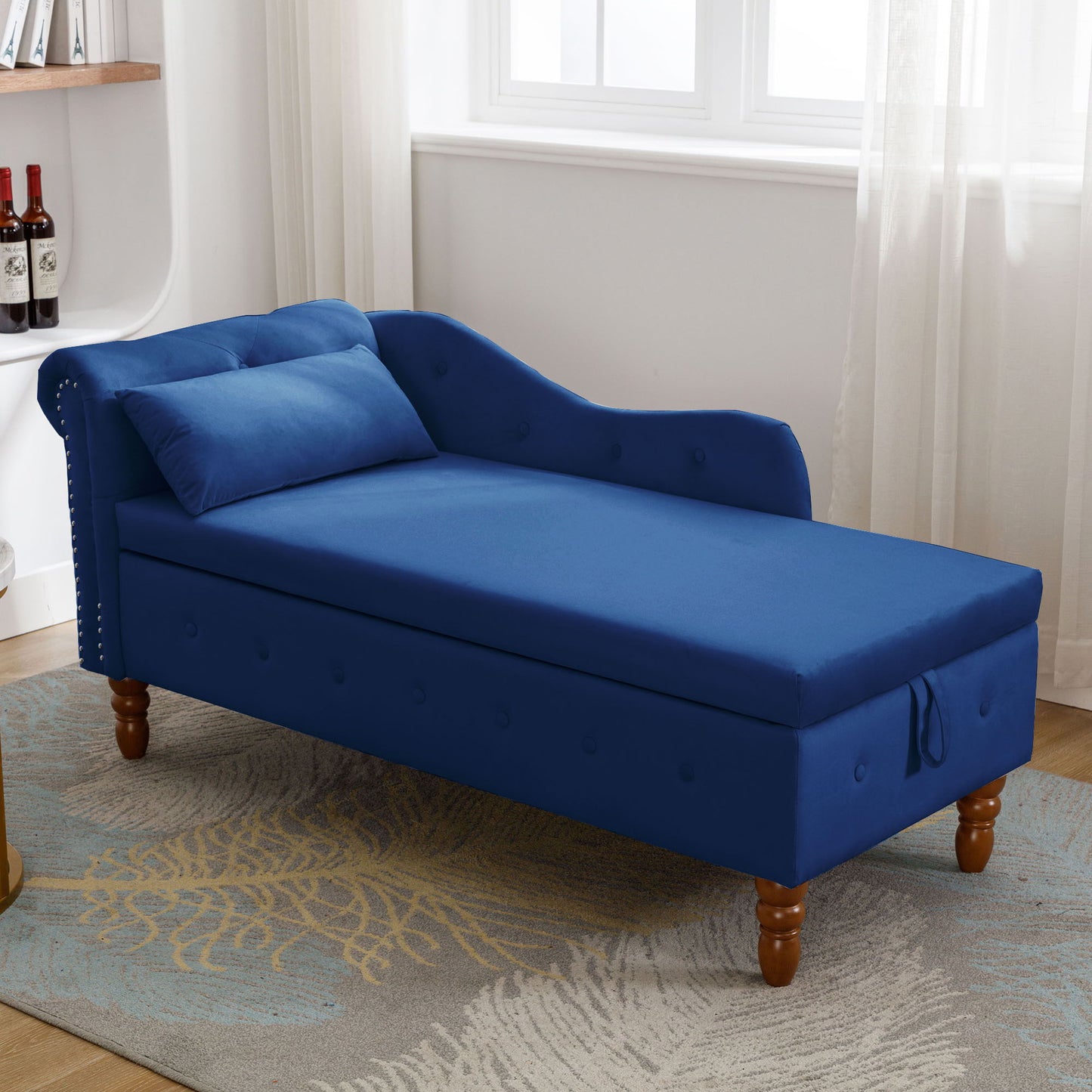 Chaise Lounge Indoor, Velvet Lounge Chair For Bedroom With Storage & Pillow, Modern Upholstered Rolled Arm Chase Lounge For Sleeping With Nailhead Trim For Living Room Bedroom Office - Navy Blue