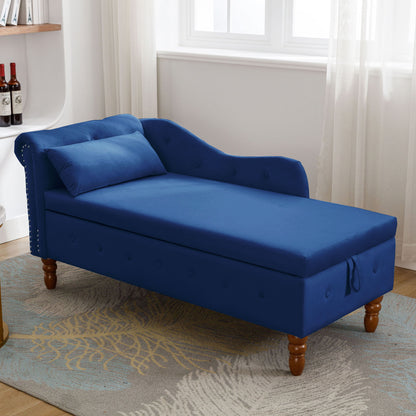 Chaise Lounge Indoor, Velvet Lounge Chair For Bedroom With Storage & Pillow, Modern Upholstered Rolled Arm Chase Lounge For Sleeping With Nailhead Trim For Living Room Bedroom Office - Navy Blue