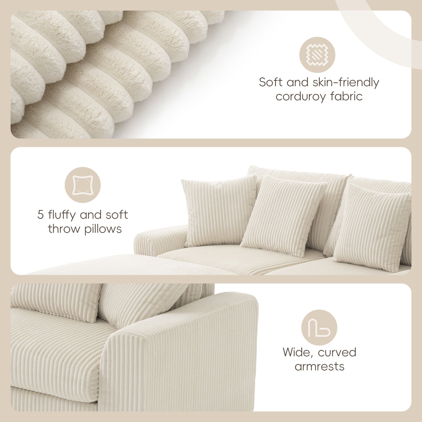 Sectional With Bluetooth Speakers L Shaped Couch With Console USB Charger, Cup Holders Storage Ottoman Deep And Wide Seat Cloud Sofa - Cream