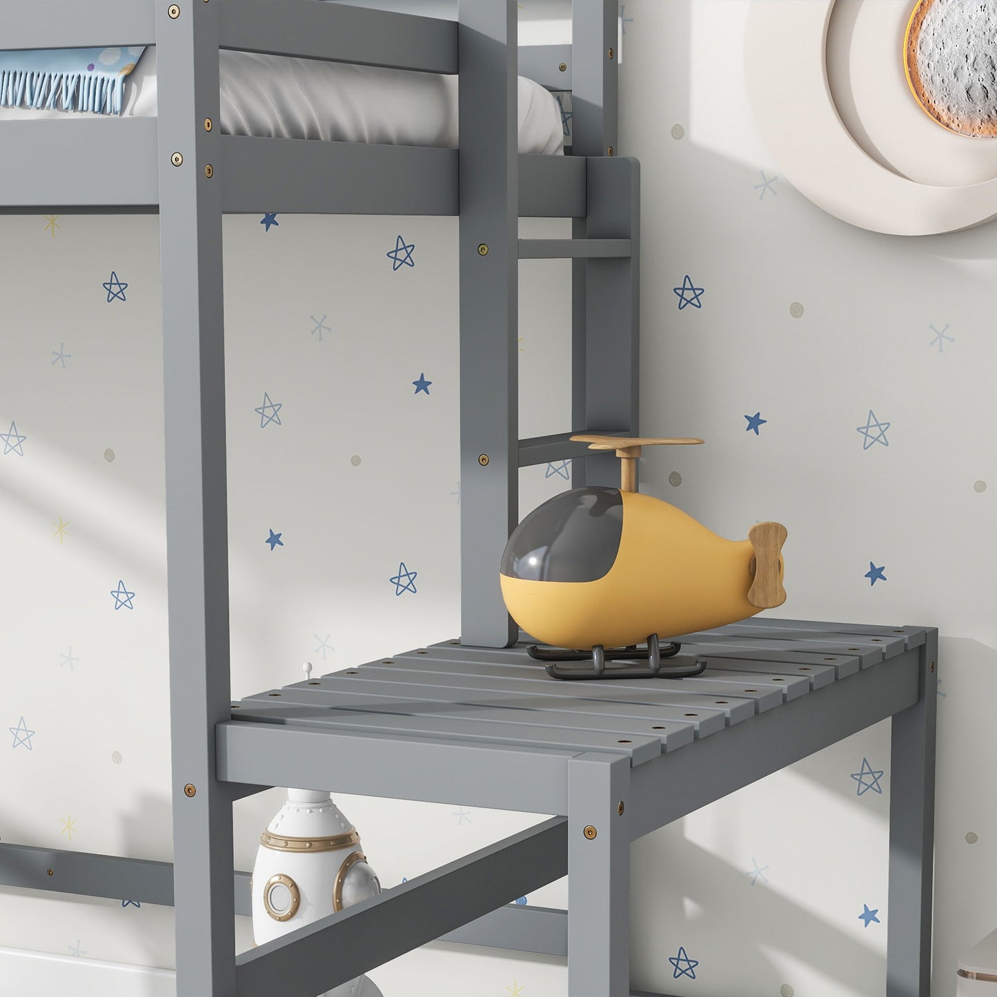 Twin Size High Loft Bed With Ladder Landing Platform, Ladders, Guardrails - Gray