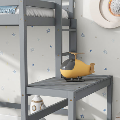 Twin Size High Loft Bed With Ladder Landing Platform, Ladders, Guardrails - Gray