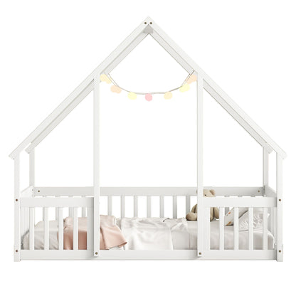 Twin Wood House-Shaped Floor Bed With Fence, Guardrails - White