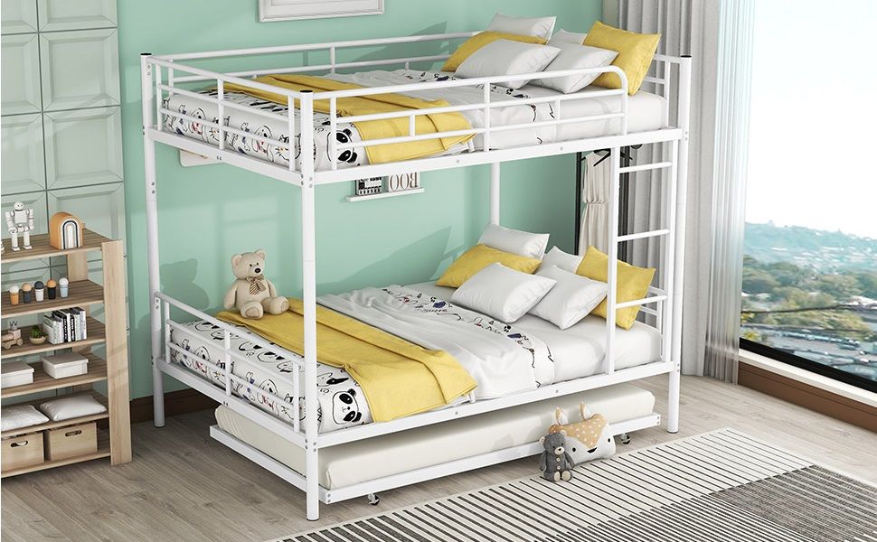 Full Over Full Metal Bunk Bed With Trundle - White