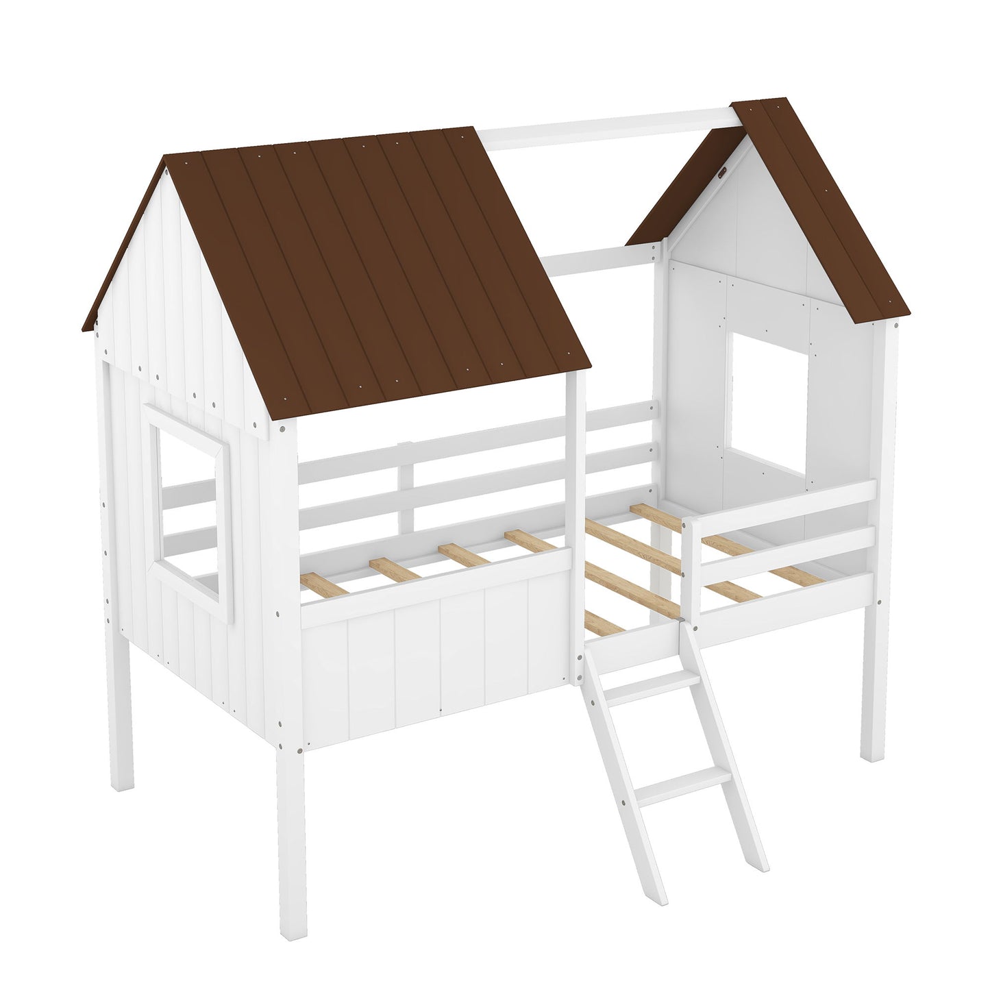 Twin Size Low Loft House Bed With Two Side Windows - White / Brown