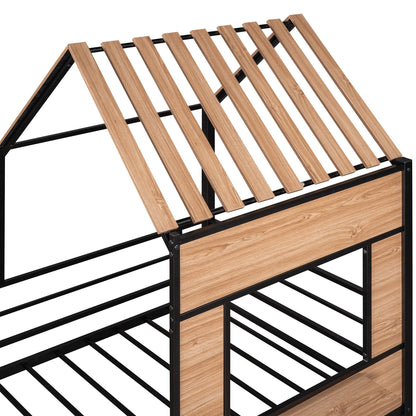 Twin Size Loft Bed With Roof, Window, Guardrail, Ladder - Black
