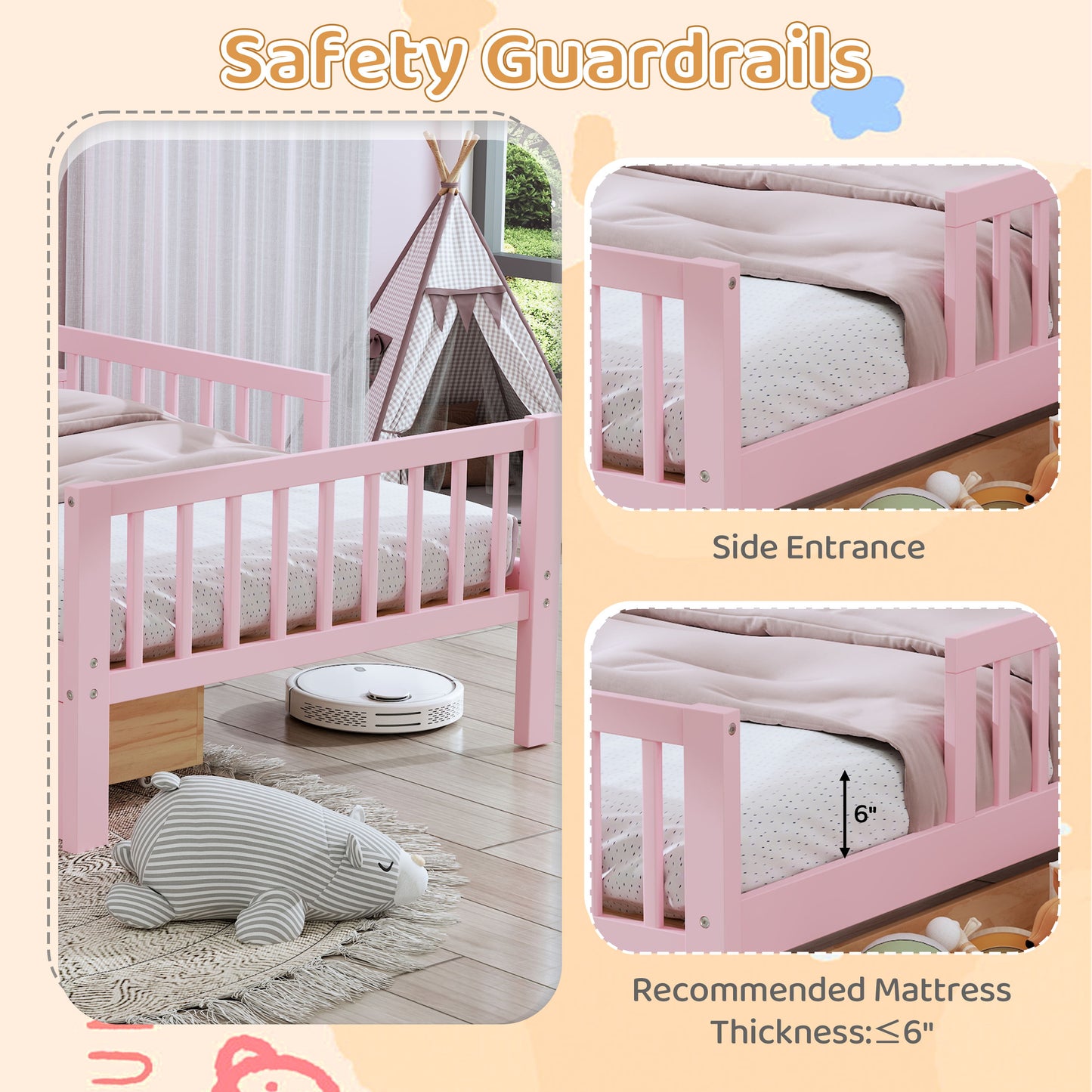 Twin Size Bed With Headboard Storage Rack, 2 Under Bed Drawers, 3 - Side Guardrails For Safety And Security - Pink