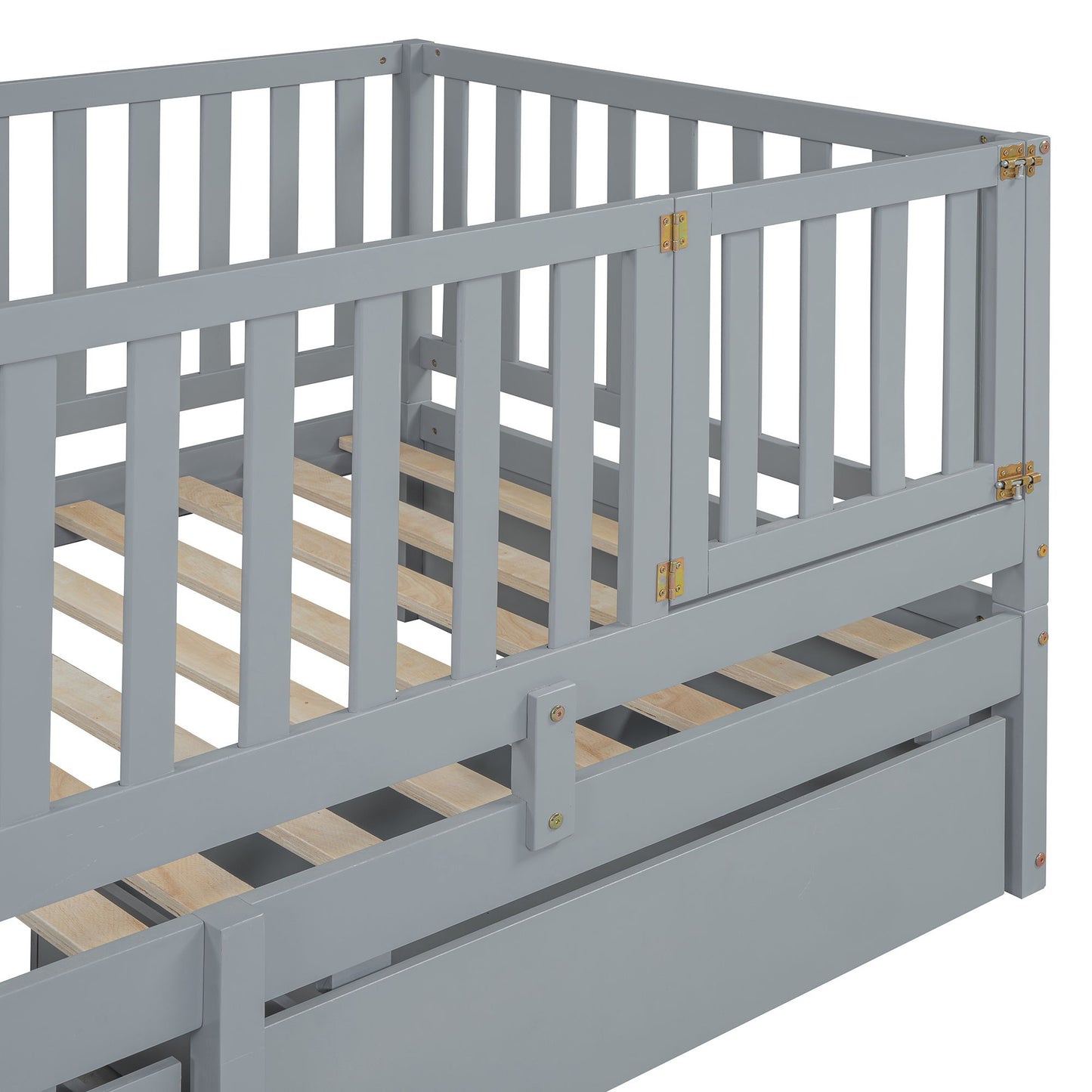 Twin Size Daybed With Fence Guardrails And 2 Drawers, Split Into Independent Floor Bed & Daybed - Gray