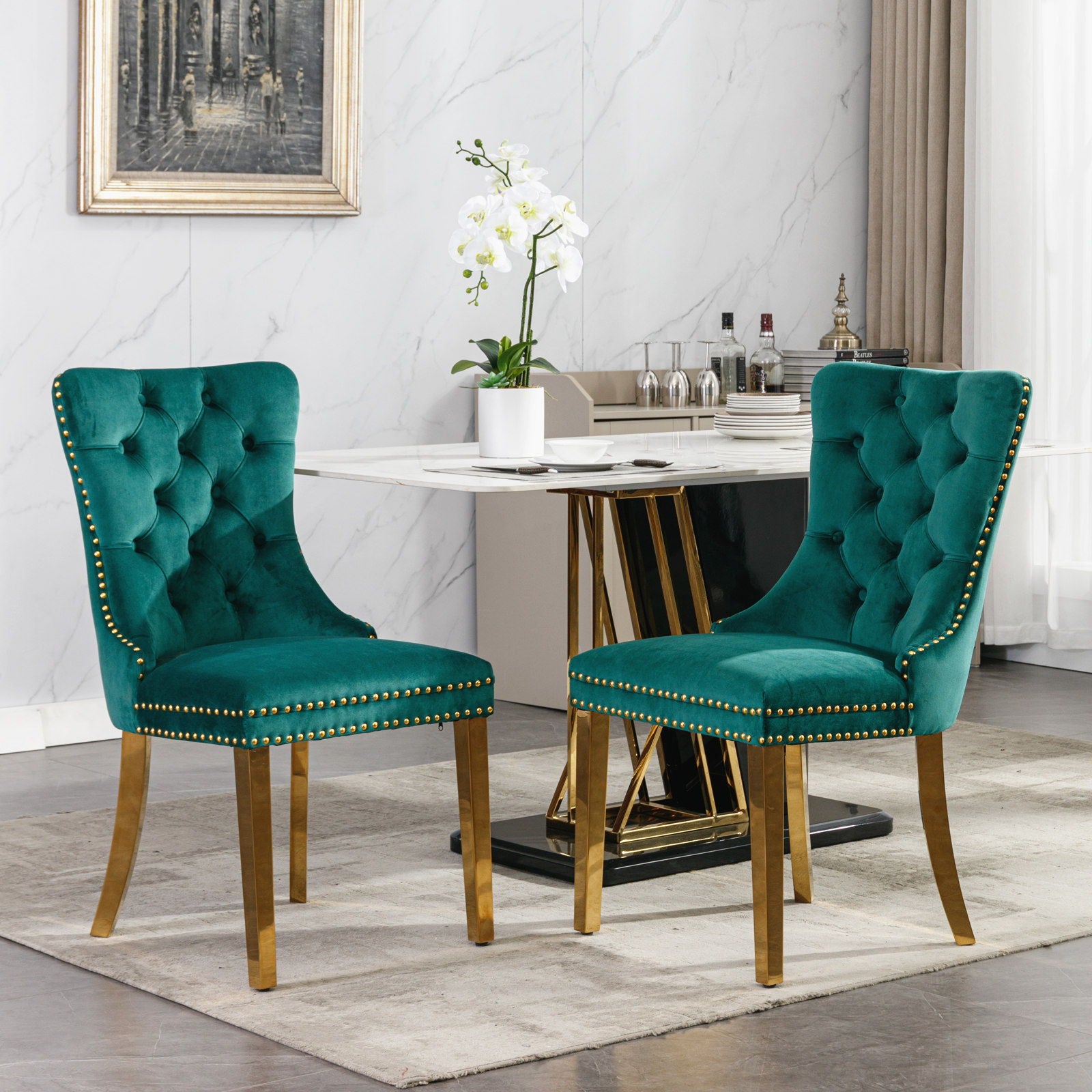 Nikki - Modern, High-End Tufted Solid Wood Contemporary Velvet Upholstered Dining Chair With Golden Stainless Steel Plating Legs, Nailhead Trim (Set of 2) - Green