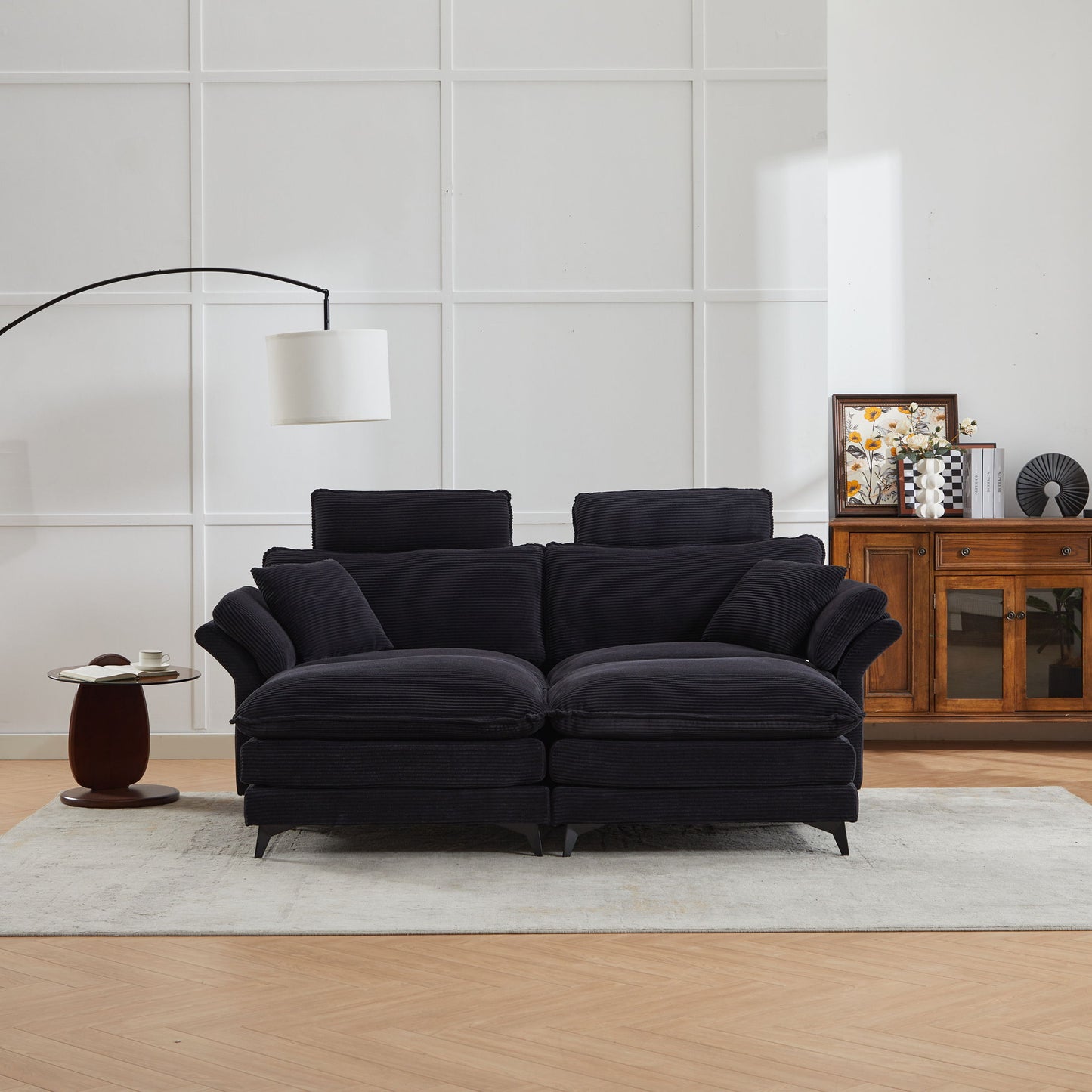 Modern Corduroy, Deep Seat Sectional Sofa With Ottomans, Comfortable Cloud Sofa - Black