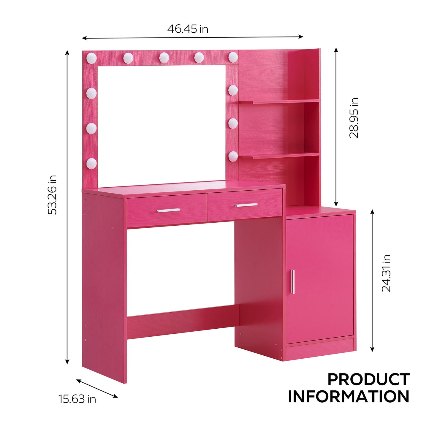 Vanity Desk With Mirror And Lights, 46.4In Dressing Table With 2 Large Drawer & Large Vertical Organizer, 3 Level Dresser & 3 Lighting Modes Adjustable Brightness, Suitable For Bedroom - Rose Pink