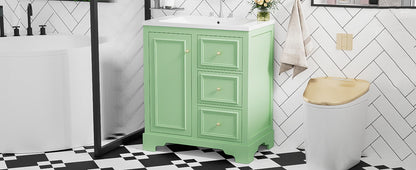 Bathroom Vanity Cabinet With Ceramic Basin, 3 Drawers And Adjustable Shelves - Green