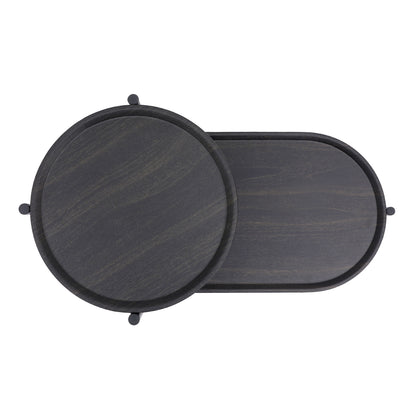 Round Coffee Table With Storage Tray 2 Tier Oval End Tables Wooden Small Side Table For Living Room - Black