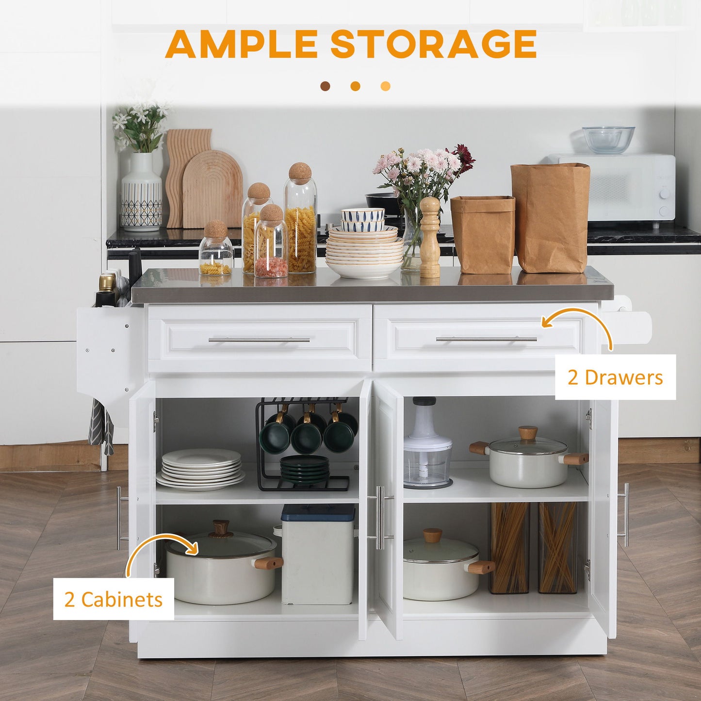 Homcom - Rolling Kitchen Island With Storage, Portable Kitchen Cart With Stainless Steel Top, 2 Drawers, Spice, Knife And Towel Rack And Cabinets - White
