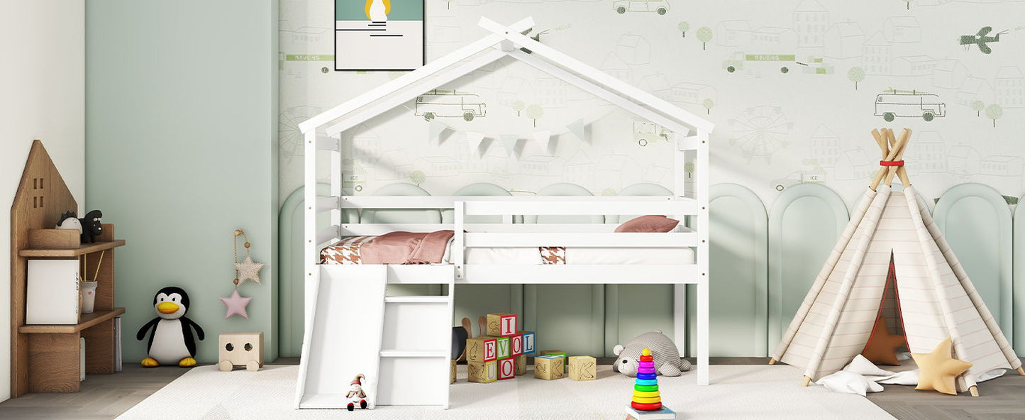 Twin Low Loft House Bed With Slide, Ladder, Safety Guardrails, House Roof Frame - White