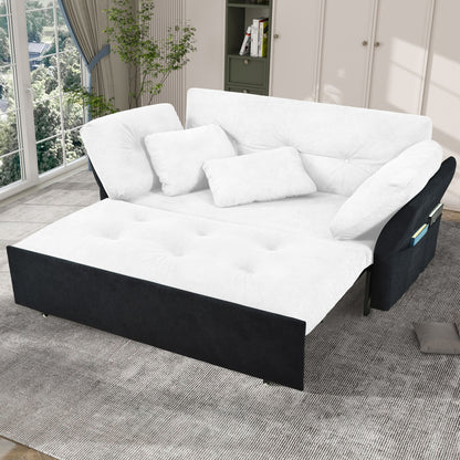 Modern Convertible Sleeper Sofa Bed With Pull Out Queen Design, Side Storage & Thick Cushions Chenille Loveseat For Living Room Or Bedroom 3 In 1 Function - - White