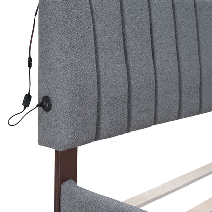Queen Size Upholstered Platform Bed With Twin Long Trundle - Gray