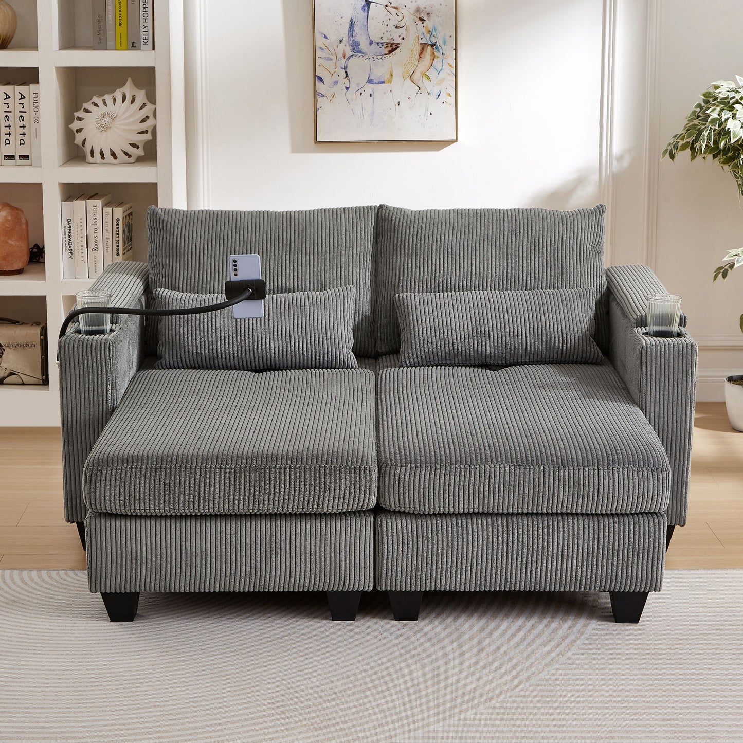 Convertible Chaise Lounge Loveseat Sofa Bed With USB Ports, Cup Holders, Phone Holder, Ample Storage - Gray