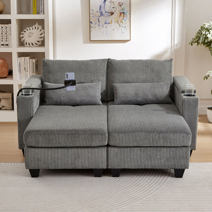 Convertible Chaise Lounge Loveseat Sofa Bed With USB Ports, Cup Holders, Phone Holder, Ample Storage - Gray