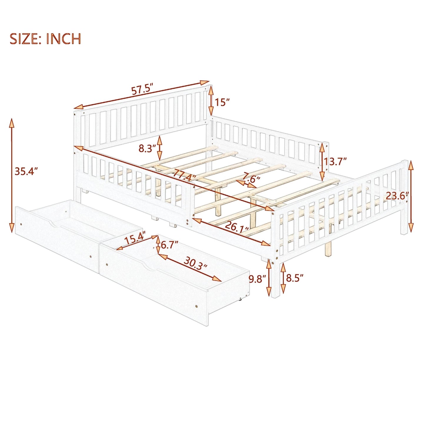 Full Size Platform Bed With Guardrails On Both Sides And 2 Storage Drawers - Gray
