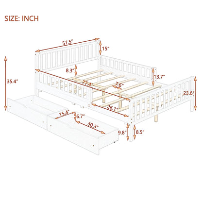 Full Size Platform Bed With Guardrails On Both Sides And 2 Storage Drawers - Gray