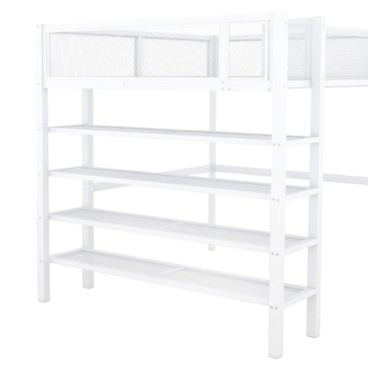 Full Size Loft Bed With 4 Tier Shelves And Storage - White