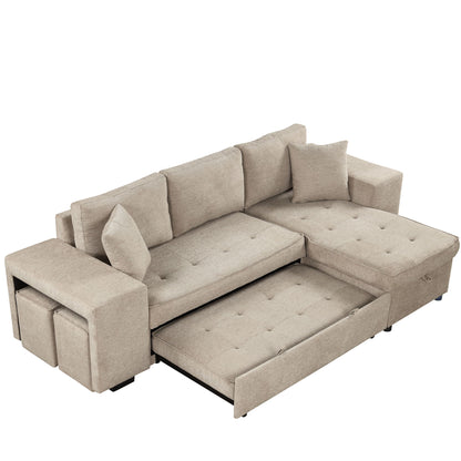Modern L-Shape 3 Seat Reversible Sectional Couch, Pull Out Sleeper Sofa With Storage Chaise And 2 Stools For Living Room Furniture Set - Cream