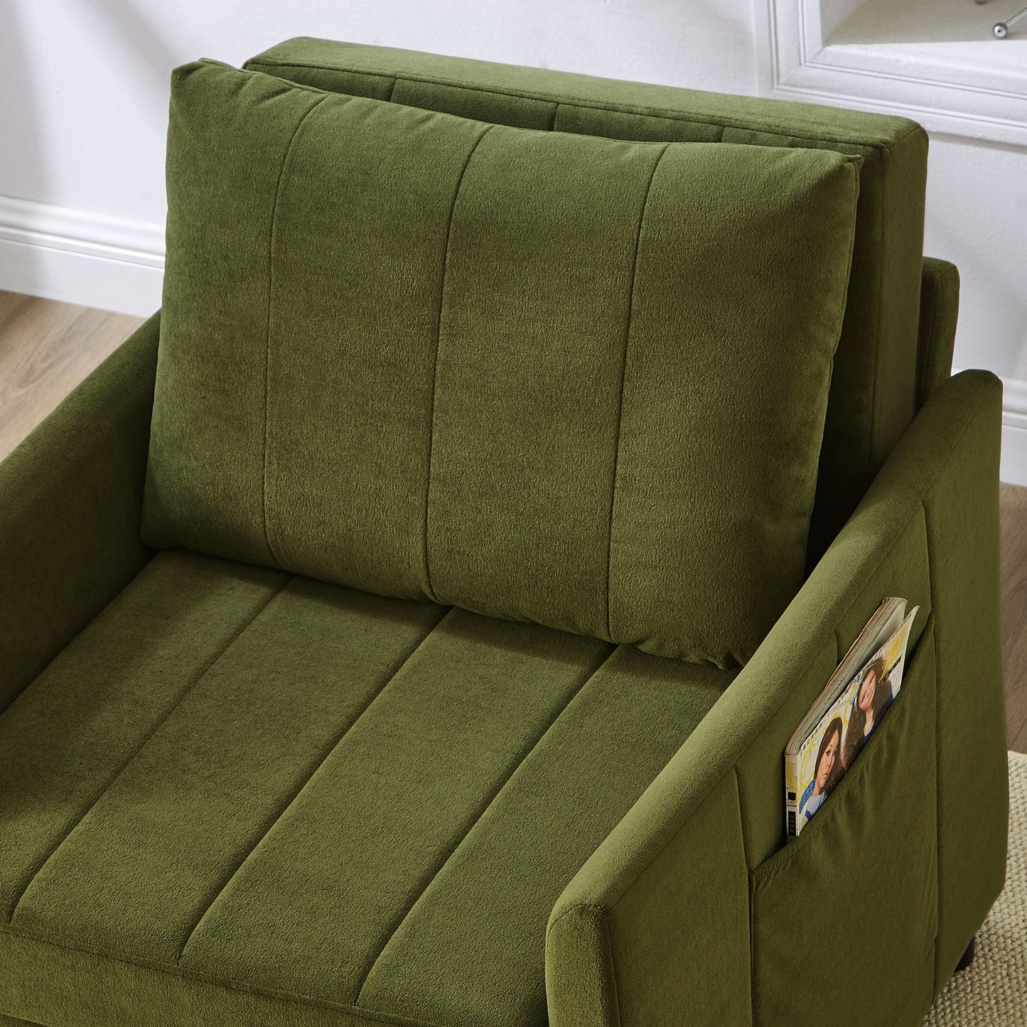 Upholstered Convertible Sleeper Sofa With Adjustable Backrest, Side Pockets, Storage Basket - Green