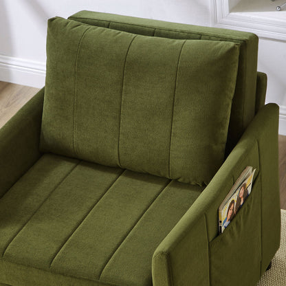 Upholstered Convertible Sleeper Sofa With Adjustable Backrest, Side Pockets, Storage Basket - Green