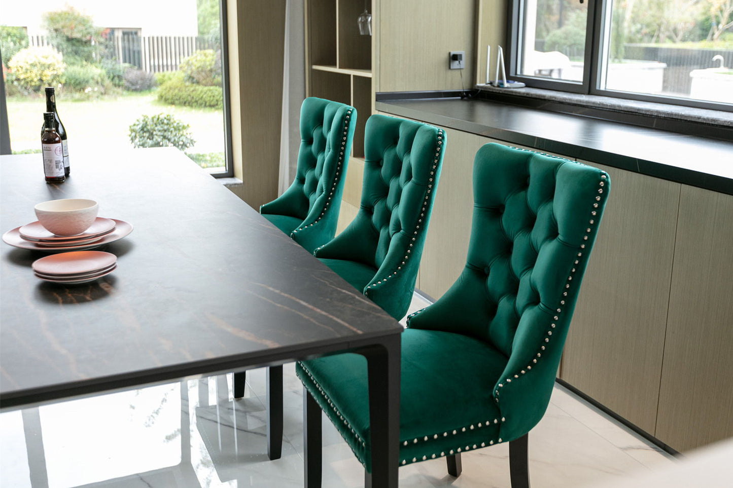 Nikki - Modern, High-End Tufted Solid Wood Contemporary Velvet Upholstered Dining Chair With Wood Legs Nailhead Trim (Set of 2) - Green