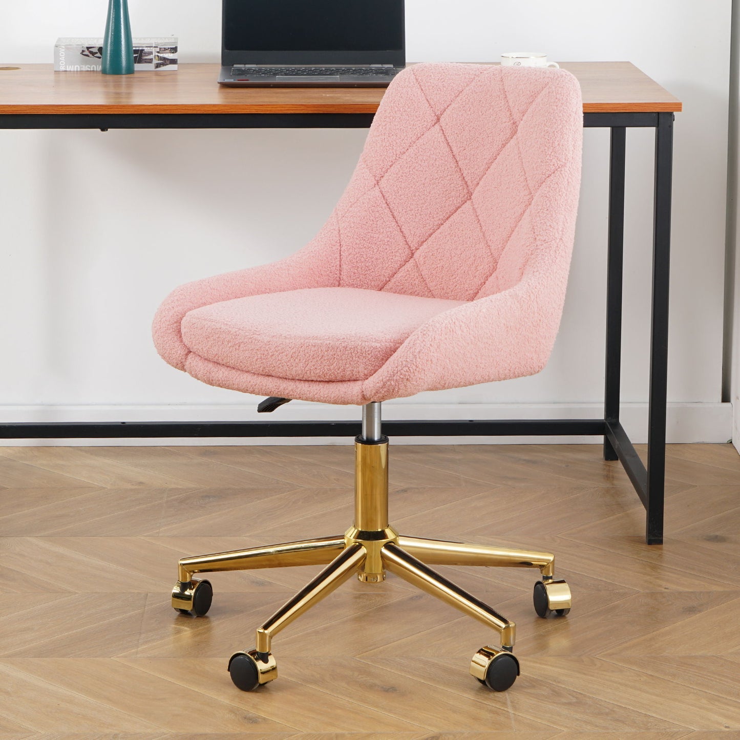 Modern Teddy Fleece Fabric Living Room Furniture Dining Chair With Gold Legs, Soft And Comfortable, Adjustable, Space Saving - Pink