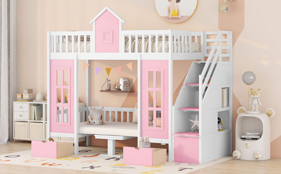 Twin Over Twin Bunk Bed With Changeable Table, Bunk Bed Turn Into Upper Bed And Down Desk - Pink