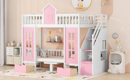 Twin Over Twin Bunk Bed With Changeable Table, Bunk Bed Turn Into Upper Bed And Down Desk - Pink
