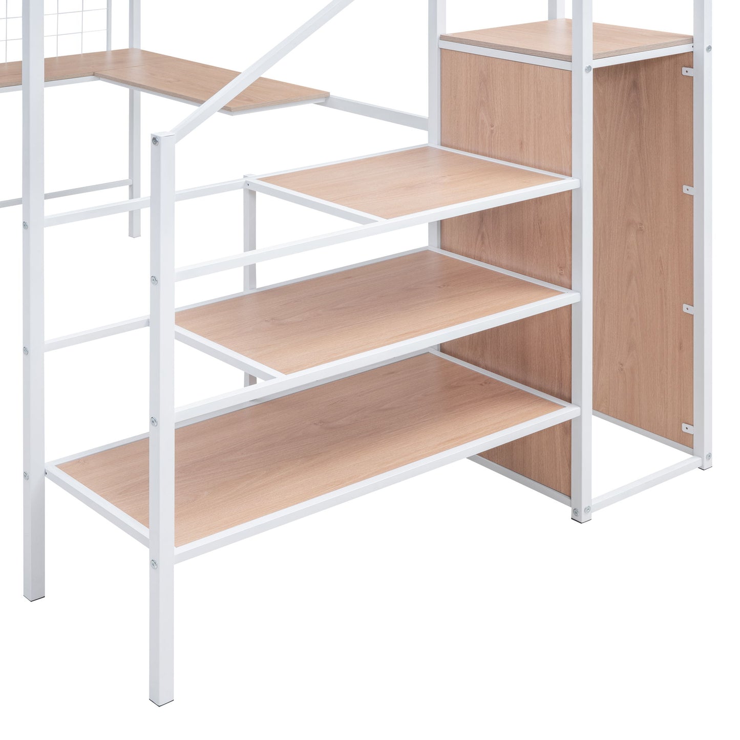 Full Size Loft Bed With Desk And Grid, Stylish Frame With Lateral Storage Ladder And Wardrobe - White