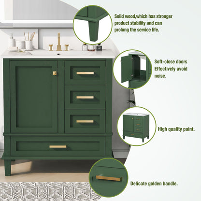 Bathroom Vanity, Modern Bathroom Cabinet With Sink Combo Set, Bathroom Storage Cabinet With A Soft Closing Door And 3 Drawers, Solid Wood Frame - Green