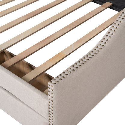 Full Size Upholstered Daybed With Two Drawers, Slat Support - Beige