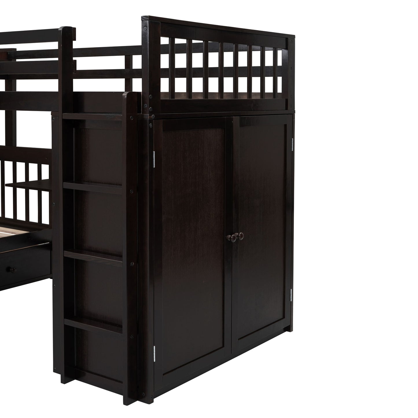 Twin Twin Over Full L Shaped Bunk Bed With 3 Drawers, Portable Desk And Wardrobe - Espresso