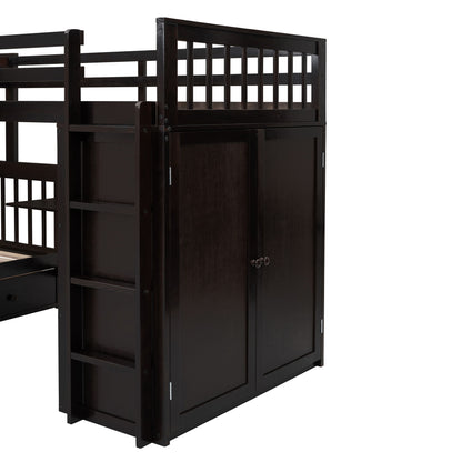 Twin Twin Over Full L Shaped Bunk Bed With 3 Drawers, Portable Desk And Wardrobe - Espresso