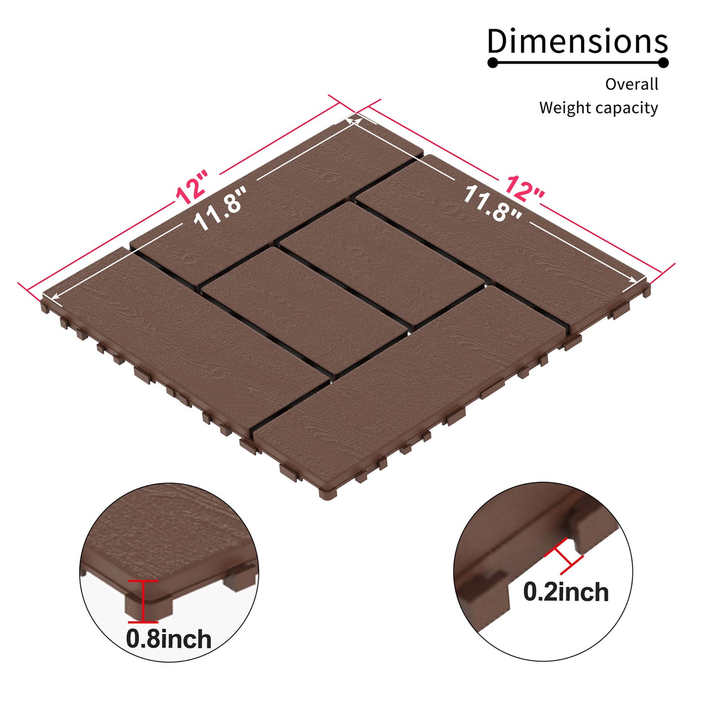 Zz Style 12" Patio Deck Tiles, Diy Interlocking Flooring - Red Brown