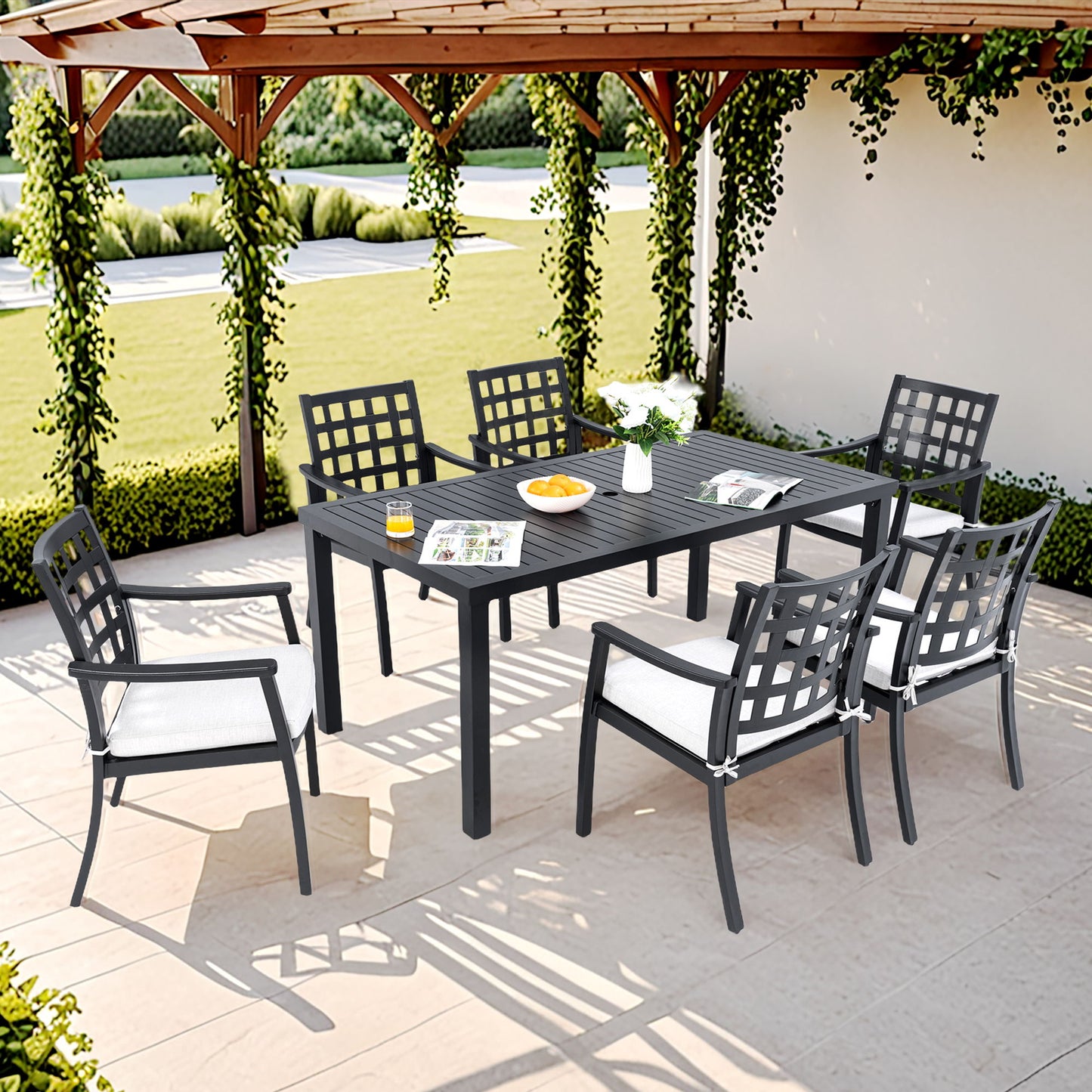 7 Pieces Outdoor Patio Dining Set, Rectangular Table And 6 Stationary Dining Chairs, Cast, Rust Free, Sunbrella Cushions, Weather Resistant - Ember Black