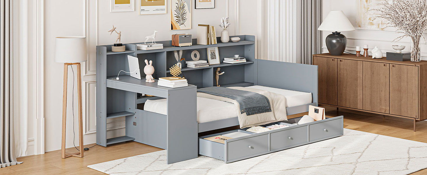 Twin Size Daybed With 3 Drawers USB Ports And Desk - Gray