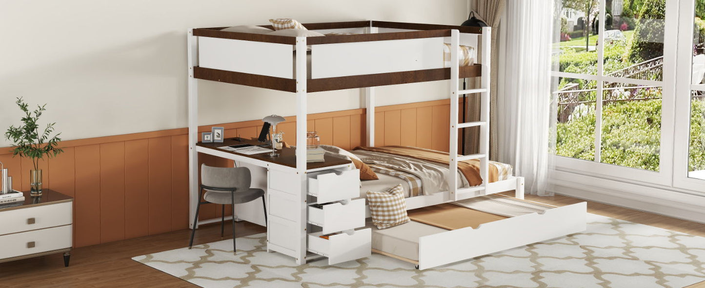 Full Over Full Bunk Bed With Twin Size Trundle, Storage And Desk - White / Walnut