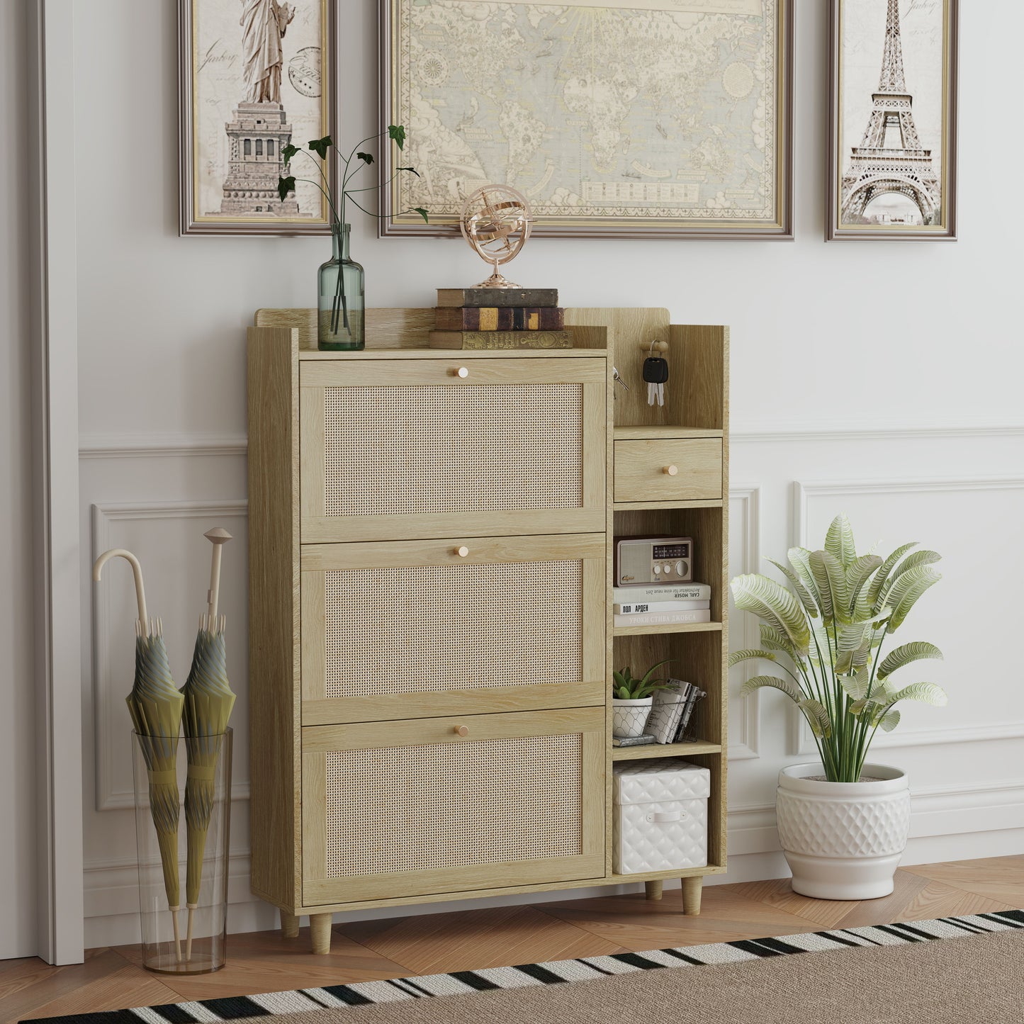 Natural Bohemia Style Shoe Cabinet, Shoe Rack Cabinet With 3 Rattan Flip Drawers, 3 Square Shelves And 1 Storage Drawer, Shoe Organizer With Mulit Storage Space And Hooks For Hallway, Entryway - Natural