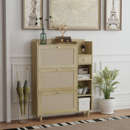 Natural Bohemia Style Shoe Cabinet, Shoe Rack Cabinet With 3 Rattan Flip Drawers, 3 Square Shelves And 1 Storage Drawer, Shoe Organizer With Mulit Storage Space And Hooks For Hallway, Entryway - Natural