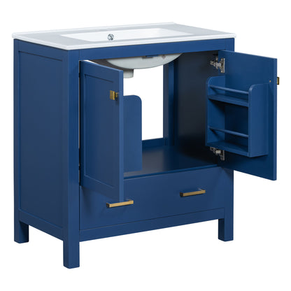 Bathroom Vanity With Single Sink, Combo Cabinet Undermount Sink, Bathroom Storage Cabinet With 2 Doors And A Drawer, Soft Closing, Multifunctional Storage, Solid Wood Frame - Blue
