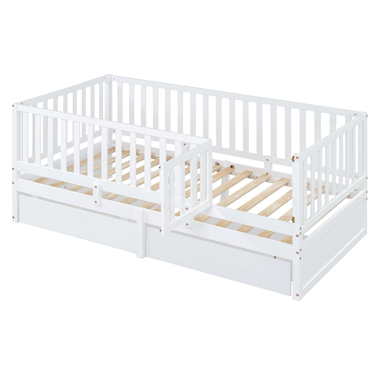 Twin Size Daybed With Fence Guardrails And 2 Drawers, Split Into Independent Floor Bed & Daybed - White