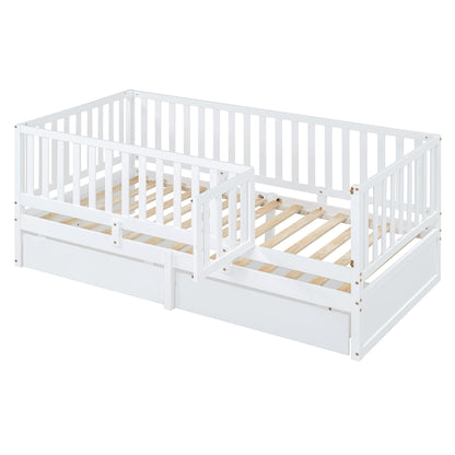 Twin Size Daybed With Fence Guardrails And 2 Drawers, Split Into Independent Floor Bed & Daybed - White