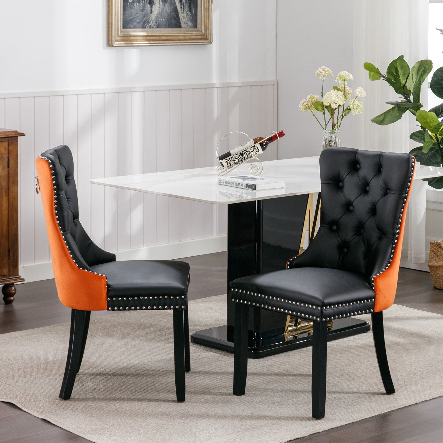 Nikki - Modern, High-End Tufted Solid Wood Contemporary And Velvet Upholstered Dining Chair With Wood Legs Nailhead Trim (Set of 2) - Black / Orange