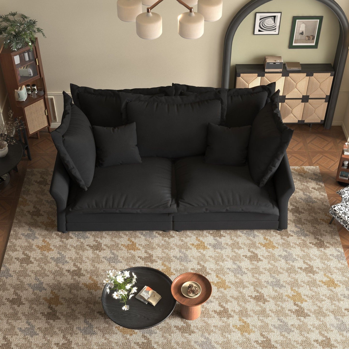 Modern Comfy Upholstered Sofa Cloud Couch, Deep Seat Couches With Multiple Large Soft Pillows, Convertible Deep Seat Chaise Longue For Living Room - Black